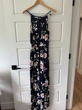 French Grey Navy Maxi Floral Dress Stretch Waist Halter Top Size L